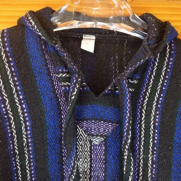 Molina Baja Mexican Blanket Hoodie Blue Purple Small Drug Rug - Picture 4 of 6